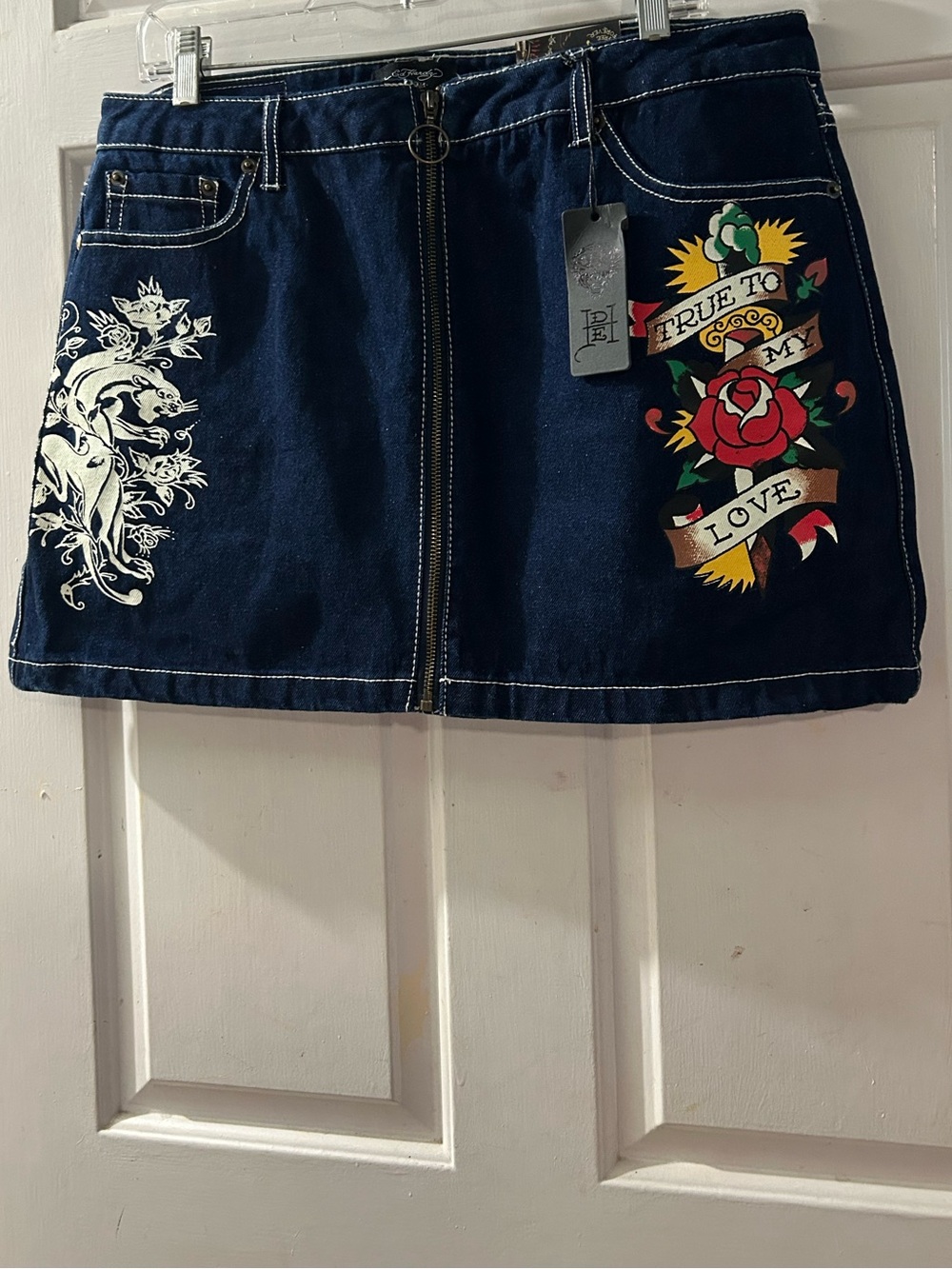 Ed Hardy Navy Denim Mini Skirt with Rose Tattoo Graphic